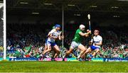 23 April 2023; Aaron Gillane of Limerick in action against Waterford players, from left, Billy Nolan, Conor Prunty and Jack Fagan during the Munster GAA Hurling Senior Championship Round 1 match between Waterford and Limerick at FBD Semple Stadium in Thurles, Tipperary. Photo by Stephen McCarthy/Sportsfile