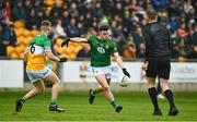 23 April 2023; Jordan Morris of Meath in action against Peter Cunningham of Offaly during the Leinster GAA Football Senior Championship Quarter-Final match between Offaly and Meath at Glenisk O'Connor Park in Tullamore, Offaly. Photo by Eóin Noonan/Sportsfile