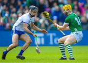 23 April 2023; Seamus Flanagan of Limerick in action against Mark Fitzgerald of Waterford during the Munster GAA Hurling Senior Championship Round 1 match between Waterford and Limerick at FBD Semple Stadium in Thurles, Tipperary. Photo by Stephen McCarthy/Sportsfile