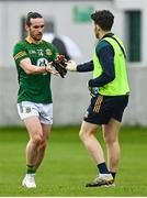 23 April 2023; Cillian O’Sullivan of Meath is handed a pair of gloves due to heavy rain during the Leinster GAA Football Senior Championship Quarter-Final match between Offaly and Meath at Glenisk O'Connor Park in Tullamore, Offaly. Photo by Eóin Noonan/Sportsfile