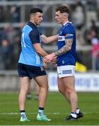 23 April 2023; Colm Basquel of Dublin, left, shakes hands with Padraig Kirwan of Laois at the final whistle of the Leinster GAA Football Senior Championship Quarter-Final match between Laois and Dublin at Laois Hire O'Moore Park in Portlaoise, Laois. Photo by Brendan Moran/Sportsfile