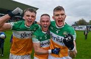 23 April 2023; Offaly players, from left, Jack McEvoy, Declan Hogan and David Dempsey celebrate their side's victory after the Leinster GAA Football Senior Championship Quarter-Final match between Offaly and Meath at Glenisk O'Connor Park in Tullamore, Offaly. Photo by Eóin Noonan/Sportsfile