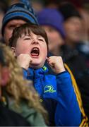 23 April 2023; A young supporter celebrates at the final whistle during the Leinster GAA Football Senior Championship Quarter-Final match between Offaly and Meath at Glenisk O'Connor Park in Tullamore, Offaly. Photo by Eóin Noonan/Sportsfile