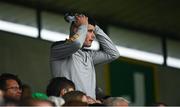 23 April 2023; A Meath supporter reacts during the Leinster GAA Football Senior Championship Quarter-Final match between Offaly and Meath at Glenisk O'Connor Park in Tullamore, Offaly. Photo by Eóin Noonan/Sportsfile