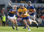 23 April 2023; Shane O'Donnell of Clare is tackled by Bryan O Mara of Tipperary during the Munster GAA Hurling Senior Championship Round 1 match between Clare and Tipperary at Cusack Park in Ennis, Clare. Photo by John Sheridan/Sportsfile.