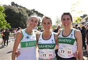 23 April 2023; Master women's 35+ gold medallists, from Raheny Shamrock AC, Dublin, from left, Zoe Quinn, Siobhan Eviston and Kate Purcell during the 123.ie National Road Relay Championships at Raheny in Dublin. Photo by Sam Barnes/Sportsfile