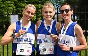 23 April 2023; Master women's 35+ silver medallists, from Finn Valley AC, Donegal, from left, Leoni Cooke, Catriona Devine and Teresa Doherty, during the 123.ie National Road Relay Championships at Raheny in Dublin. Photo by Sam Barnes/Sportsfile