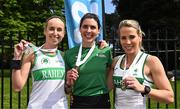 23 April 2023; Master women's 35+ gold medallists, from Raheny Shamrock AC, Dublin, from left, Zoe Quinn, Kate Purcell and Siobhan Eviston during the 123.ie National Road Relay Championships at Raheny in Dublin. Photo by Sam Barnes/Sportsfile