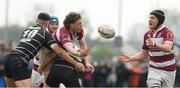 23 April 2023; Conor Duffy of Tullow RFC is tackled by Jake McDonald and Podge Mahon of Kilkenny RFC during Bank of Ireland Provincial Towns Cup Final between Tullow RFC and Kilkenny RFC at Athy Rugby Football Club in Kildare. Photo by Matt Browne/Sportsfile