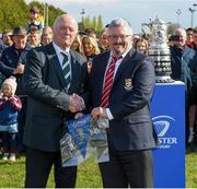 23 April 2023; IRFU president John Robinson makes a president to Tullow president Pat Byrne after the Bank of Ireland Provincial Towns Cup Final between Tullow RFC and Kilkenny RFC at Athy Rugby Football Club in Kildare. Photo by Matt Browne/Sportsfile