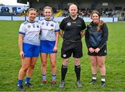 23 April 2023; From left, joint captains of Waterford Laoise Forrest and Bevin Bowdern, referee Andy Larkin, and Kilkenny captain Ruth Phelan the Electric Ireland Camogie Minor A Semi-Final match between Kilkenny and Waterford at McDonagh Park in Nenagh, Tipperary. Photo by Stephen Marken/Sportsfile