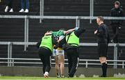 23 April 2023; Bernard Allen of Offaly leaves the pitch to receives medical attention for an injury during the Leinster GAA Football Senior Championship Quarter-Final match between Offaly and Meath at Glenisk O'Connor Park in Tullamore, Offaly. Photo by Eóin Noonan/Sportsfile