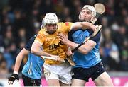 22 April 2023; Paddy Burke of Antrim in action against Chris O'Leary of Dublin during the Leinster GAA Hurling Senior Championship Round 1 match between Antrim and Dublin at Corrigan Park in Belfast. Photo by Ramsey Cardy/Sportsfile