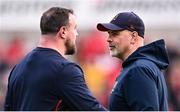 21 April 2023; Ulster head coach Dan McFarland, right, and Rob Herring of Ulster before the United Rugby Championship match between Ulster and Edinburgh at the Kingspan Stadium in Belfast. Photo by Ramsey Cardy/Sportsfile