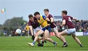 23 April 2023; Ben O’Carroll of Roscommon in action against Galway players, from left, John Daly, Johnny McGrath and Jack Glynn during the Connacht GAA Football Senior Championship Semi-Final match between Roscommon and Galway at Dr Hyde Park in Roscommon. Photo by Seb Daly/Sportsfile