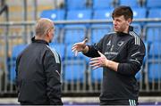 24 April 2023; Ryan Baird, right, in conversation with Senior coach Stuart Lancaster during a Leinster Rugby squad training session at Energia Park in Dublin. Photo by Ramsey Cardy/Sportsfile