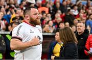 21 April 2023; Andrew Warwick of Ulster runs out before the United Rugby Championship match between Ulster and Edinburgh at the Kingspan Stadium in Belfast. Photo by Ramsey Cardy/Sportsfile