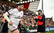 21 April 2023; Jeffrey Toomaga-Allen of Ulster runs out before the United Rugby Championship match between Ulster and Edinburgh at the Kingspan Stadium in Belfast. Photo by Ramsey Cardy/Sportsfile