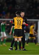 21 April 2023; Patrick McEleney of Derry City celebrates with teammate Colm Whelan afterg the SSE Airtricity Men's Premier Division match between Cork City and Derry City at Turner's Cross in Cork. Photo by Eóin Noonan/Sportsfile