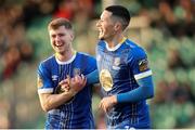 24 April 2023; Ronan Coughlan of Waterford, right, celebrates after scoring his side's second goal with teammate Barry Baggley during the SSE Airtricity Men's First Division match between Treaty United and Waterford at Markets Field in Limerick. Photo by Michael P Ryan/Sportsfile