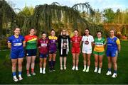 25 April 2023; Captains from twelve Leinster LGFA Counties gathered in the Clanard Court Hotel for the 2023 TG4 Leinster LGFA Championship. Action is underway from Sunday, 30th April. Pictured at the launch are Intermediate players, from left, Sarah Jane Winders of Wicklow, Shannen Cotter of Carlow, Ciara Blundell of Westmeath, Róisín Murphy of Wexford, Leinster LGFA president Trina Murray, Áine Breen of Louth, Grace Clifford of Kidare, Emer Nally of Offaly and Emma Doris of Longford. For more information about the TG4 Leinster LGFA Championships, please see www.leinsterladiesgaelic.ie. Photo by Ben McShane/Sportsfile