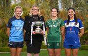 25 April 2023; Captains from twelve Leinster LGFA Counties gathered in the Clanard Court Hotel for the 2023 TG4 Leinster LGFA Championship. Action is underway from Sunday, 30th April. Pictured at the launch are Senior players, from left, Carla Rowe of Dublin, Leinster LGFA president Trina Murray, Shauna Ennis of Meath and Clodagh Dunne of Laois. For more information about the TG4 Leinster LGFA Championships, please see www.leinsterladiesgaelic.ie. Photo by Ben McShane/Sportsfile