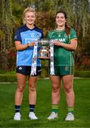 25 April 2023; Captains from twelve Leinster LGFA Counties gathered in the Clanard Court Hotel for the 2023 TG4 Leinster LGFA Championship. Action is underway from Sunday, 30th April. Pictured at the launch is Carla Rowe of Dublin, left, and Shauna Ennis of Meath. For more information about the TG4 Leinster LGFA Championships, please see www.leinsterladiesgaelic.ie. Photo by Ben McShane/Sportsfile