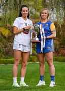 25 April 2023; Captains from twelve Leinster LGFA Counties gathered in the Clanard Court Hotel for the 2023 TG4 Leinster LGFA Championship. Action is underway from Sunday, 30th April. Pictured at the launch is Grace Clifford of Kidare, left, and Emma Doris of Longford. For more information about the TG4 Leinster LGFA Championships, please see www.leinsterladiesgaelic.ie. Photo by Ben McShane/Sportsfile