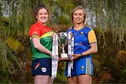 25 April 2023; Captains from twelve Leinster LGFA Counties gathered in the Clanard Court Hotel for the 2023 TG4 Leinster LGFA Championship. Action is underway from Sunday, 30th April. Pictured at the launch is Shannen Cotter of Carlow, left, and Emma Doris of Longford. For more information about the TG4 Leinster LGFA Championships, please see www.leinsterladiesgaelic.ie. Photo by Ben McShane/Sportsfile