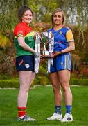 25 April 2023; Captains from twelve Leinster LGFA Counties gathered in the Clanard Court Hotel for the 2023 TG4 Leinster LGFA Championship. Action is underway from Sunday, 30th April. Pictured at the launch is Shannen Cotter of Carlow, left, and Emma Doris of Longford. For more information about the TG4 Leinster LGFA Championships, please see www.leinsterladiesgaelic.ie. Photo by Ben McShane/Sportsfile