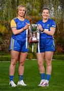 25 April 2023; Captains from twelve Leinster LGFA Counties gathered in the Clanard Court Hotel for the 2023 TG4 Leinster LGFA Championship. Action is underway from Sunday, 30th April. Pictured at the launch is and Emma Doris of Longford, left, and Sarah Jane Winders of Wicklow. For more information about the TG4 Leinster LGFA Championships, please see www.leinsterladiesgaelic.ie. Photo by Ben McShane/Sportsfile