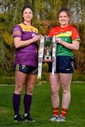 25 April 2023; Captains from twelve Leinster LGFA Counties gathered in the Clanard Court Hotel for the 2023 TG4 Leinster LGFA Championship. Action is underway from Sunday, 30th April. Pictured at the launch is Róisín Murphy of Wexford, left, and Shannen Cotter of Carlow. For more information about the TG4 Leinster LGFA Championships, please see www.leinsterladiesgaelic.ie. Photo by Ben McShane/Sportsfile