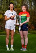 25 April 2023; Captains from twelve Leinster LGFA Counties gathered in the Clanard Court Hotel for the 2023 TG4 Leinster LGFA Championship. Action is underway from Sunday, 30th April. Pictured at the launch is Grace Clifford of Kidare, left, and Shannen Cotter of Carlow. For more information about the TG4 Leinster LGFA Championships, please see www.leinsterladiesgaelic.ie. Photo by Ben McShane/Sportsfile