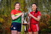 25 April 2023; Captains from twelve Leinster LGFA Counties gathered in the Clanard Court Hotel for the 2023 TG4 Leinster LGFA Championship. Action is underway from Sunday, 30th April. Pictured at the launch is Shannen Cotter of Carlow, left, and Áine Breen of Louth. For more information about the TG4 Leinster LGFA Championships, please see www.leinsterladiesgaelic.ie. Photo by Ben McShane/Sportsfile