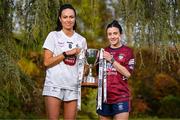 25 April 2023; Captains from twelve Leinster LGFA Counties gathered in the Clanard Court Hotel for the 2023 TG4 Leinster LGFA Championship. Action is underway from Sunday, 30th April. Pictured at the launch is Grace Clifford of Kidare, left, and Ciara Blundell of Westmeath. For more information about the TG4 Leinster LGFA Championships, please see www.leinsterladiesgaelic.ie. Photo by Ben McShane/Sportsfile