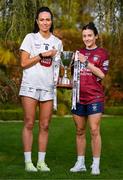 25 April 2023; Captains from twelve Leinster LGFA Counties gathered in the Clanard Court Hotel for the 2023 TG4 Leinster LGFA Championship. Action is underway from Sunday, 30th April. Pictured at the launch is Grace Clifford of Kidare, left, and Ciara Blundell of Westmeath. For more information about the TG4 Leinster LGFA Championships, please see www.leinsterladiesgaelic.ie. Photo by Ben McShane/Sportsfile