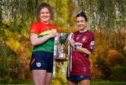 25 April 2023; Captains from twelve Leinster LGFA Counties gathered in the Clanard Court Hotel for the 2023 TG4 Leinster LGFA Championship. Action is underway from Sunday, 30th April. Pictured at the launch is Shannen Cotter of Carlow, left, and Ciara Blundell of Westmeath. For more information about the TG4 Leinster LGFA Championships, please see www.leinsterladiesgaelic.ie. Photo by Ben McShane/Sportsfile