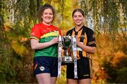 25 April 2023; Captains from twelve Leinster LGFA Counties gathered in the Clanard Court Hotel for the 2023 TG4 Leinster LGFA Championship. Action is underway from Sunday, 30th April. Pictured at the launch is Shannen Cotter of Carlow, left, and Ellen Lawlor of Kilkenny. For more information about the TG4 Leinster LGFA Championships, please see www.leinsterladiesgaelic.ie. Photo by Ben McShane/Sportsfile