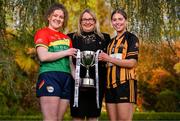 25 April 2023; Captains from twelve Leinster LGFA Counties gathered in the Clanard Court Hotel for the 2023 TG4 Leinster LGFA Championship. Action is underway from Sunday, 30th April. Pictured at the launch is, from left, Shannen Cotter of Carlow, Leinster LGFA president Trina Murray and Ellen Lawlor of Kilkenny. For more information about the TG4 Leinster LGFA Championships, please see www.leinsterladiesgaelic.ie. Photo by Ben McShane/Sportsfile