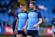 23 April 2023; Jack McCaffrey, right, and Brian Howard of Dublin before the Leinster GAA Football Senior Championship Quarter-Final match between Laois and Dublin at Laois Hire O'Moore Park in Portlaoise, Laois. Photo by Brendan Moran/Sportsfile