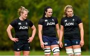 25 April 2023; Dannah O’Brien, left, Nichola Fryday, centre, and Dorothy Wall during a Ireland Women's Rugby squad training session at IRFU High Performance Centre at the Sport Ireland Campus in Dublin. Photo by Ramsey Cardy/Sportsfile