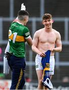 22 April 2023; Ruairi Murphy of Kerry, right, and Sean O'Connor of Tipperary swop jeseys after the Munster GAA Football Senior Championship Semi-Final match between Kerry and Tipperary at Fitzgerald Stadium in Killarney, Kerry. Photo by Brendan Moran/Sportsfile