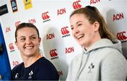 25 April 2023; Lauren Delany, right, and Brittany Hogan during a Ireland Women's press conference at IRFU High Performance Centre at the Sport Ireland Campus in Dublin. Photo by Ramsey Cardy/Sportsfile