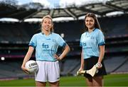 25 April 2023; Mayo ladies footballer Sarah Tierney, left, and Kilkenny Camogie player Steffi Fitzgerald in attendance for the announcement of the FRS Recruitment GAA World Games launch at Croke Park in Dublin. Photo by David Fitzgerald/Sportsfile