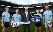25 April 2023; General Manager of FRS Recruitment Colin Donnery, centre, with, from left, Tipperary hurler Bryan O'Mara, Mayo ladies footballer Sarah Tierney, Kilkenny Camogie player Steffi Fitzgerald and Derry footballer Conor Glass for the announcement of the FRS Recruitment GAA World Games launch at Croke Park in Dublin. Photo by David Fitzgerald/Sportsfile