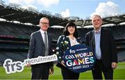 25 April 2023; Cristina McCusker, Export Development Manager at O'Neills Irish International Sports, centre, alongside, Niall Erskine, Chairman of World GAA Council Committee, right, and General Manager of FRS Recruitment Colin Donnery for the announcement of the FRS Recruitment GAA World Games launch at Croke Park in Dublin. Photo by David Fitzgerald/Sportsfile