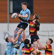 25 April 2023; James Whelan of MU Barnhall in action against Sean Walsh of Lansdowne during the Bank of Ireland Leinster Rugby Metropolitan Cup Final match between Lansdowne FC and MU Barnhall RFC at Energia Park in Dublin. Photo by Ramsey Cardy/Sportsfile