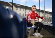 26 April 2023; In attendance at an FAI Junior Cup media event is Eoin Hayes of Newmarket Celtic FC with the FAI Junior Cup at Jackman Park in Limerick. Photo by Sam Barnes/Sportsfile