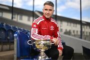 26 April 2023; In attendance at an FAI Junior Cup media event is Eoin Hayes of Newmarket Celtic FC with the FAI Junior Cup at Jackman Park in Limerick. Photo by Sam Barnes/Sportsfile