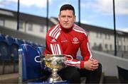 26 April 2023; In attendance at an FAI Junior Cup media event is Newmarket Celtic FC manager Paddy Purcell with the FAI Junior Cup at Jackman Park in Limerick. Photo by Sam Barnes/Sportsfile
